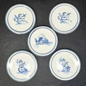 Dansk Bistro Christmas Handpainted 6.5" Plates Set 5 Blue White Christmas